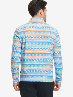 Back upper body of Full print lightweight quarter zip pullover with smooth blue ethnic finish