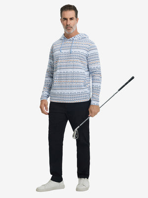 Full body model holding a golf club, wearing trendy print fleece hoodies in christmas snowflake