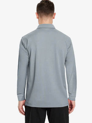 Back half-body view of model wearing LIGHT GREY Long Sleeve Solid Jersey Polo