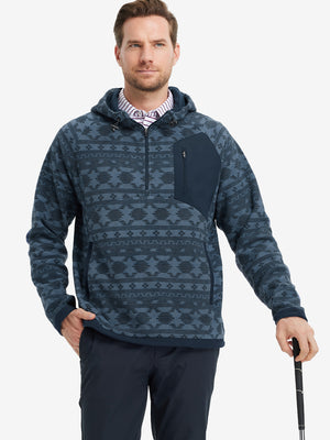 Model holding a golf club, dressed in Navy Ethnic Quarter Zip Polar Fleece Sweatshirt, sporty fit.