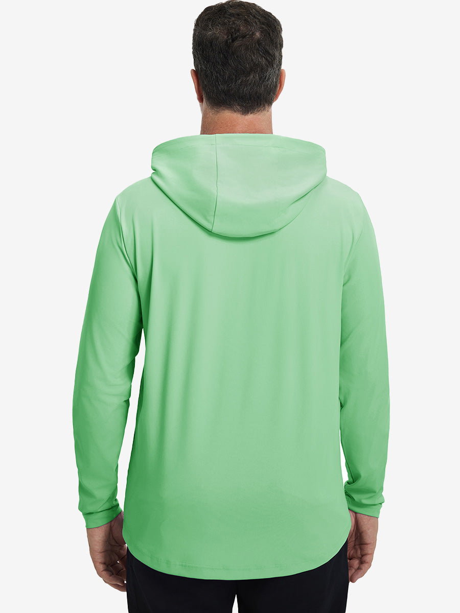 Back upper body view of the dry fit stretchy hoodie in light green, simple cut and relaxed posture.
