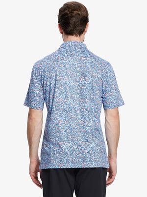 Back view of the model wearing the blue doodles pattern polo, emphasizing its sporty and artistic design.
