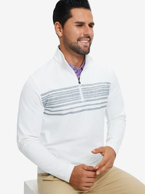 Front upper body view of model wearing lightweight golf quarter zip pullover in white navy stripe, relaxed fit.