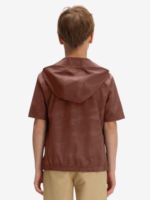 Back waist-up shot of model wearing coffee brown water-resistant short sleeve q-zip hoodie for boys