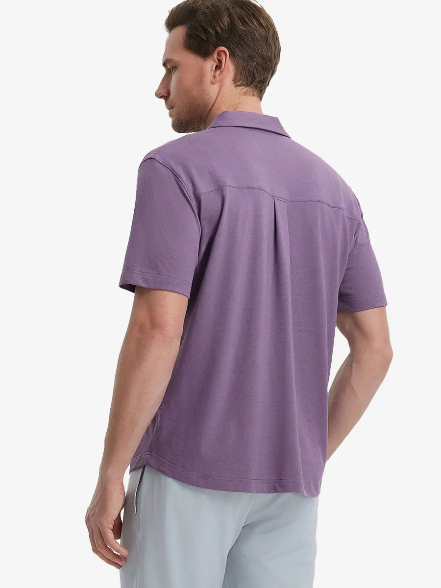 Model half-body back view wearing PURPLE Cotton Blend Plain Shirt.
