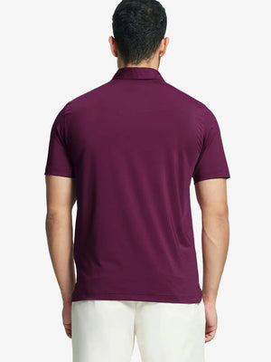 Back half-body view of MAROON STRIPE PINSTRIPE Pinstripe Jersey Performance Polo worn by model								
