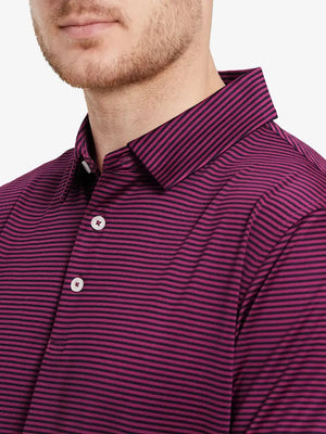 Model wearing MAROON STRIPE shirt, front view from nose to chest, showing stripe pattern