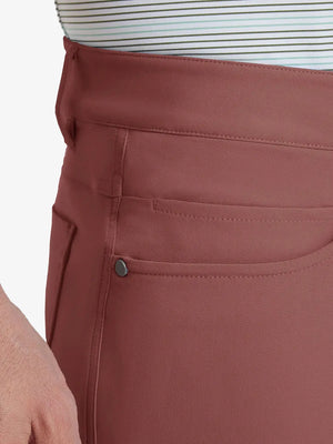 Close-up of right front pocket on Stretch Plain Everyday Pants, detailed stitching – CRANBERRY