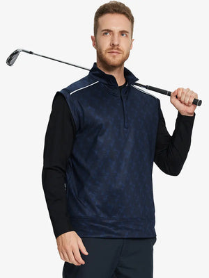 Back half-body view of model in NAVY GEO Stretch Solid Fleece Quarter-Zip Vest.								
