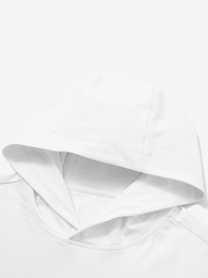 Hood detail of the white dry fit stretchy sweatshirts hoodie, showing smooth fabric and neat seams.