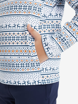 Model with both hands in pockets wearing youth full print stylish hoodies pullover in christmas snowflake.