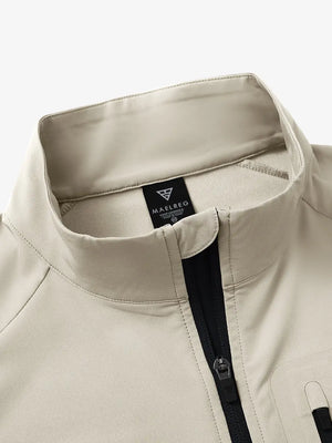 Detail view of the light khaki windproof golf vest, emphasizing the collar and zippered details.