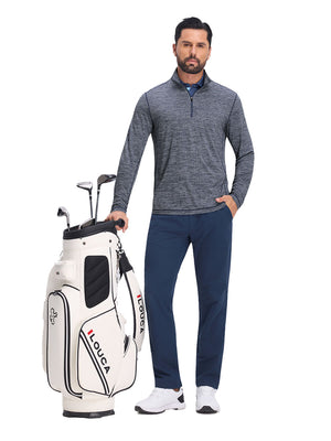 Front full body shot of model exercising in misty blue white grid featherweight midlayer quarter zip pullover