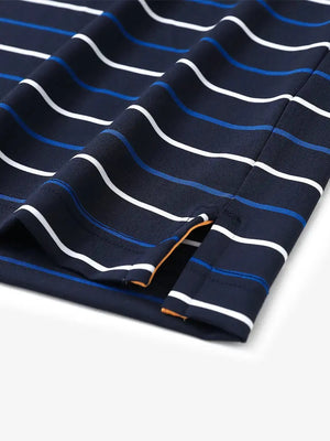 Hem detail of trendy boys stripe polo shirts, fine finish with subtle navy stripe touch