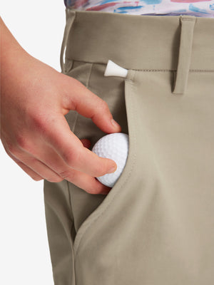 Detail: pocket of khaki grey boys lightweight dry fit flat front golf shorts