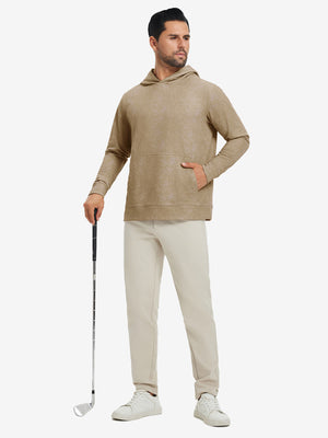 Full-body view of model in khaki brown exclusive print kangaroo hoodies holding a golf club outdoors.