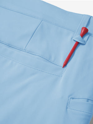 Waistband detail of soft lightweight casual golf pants with 5 pockets in light blue, neat stitching.
