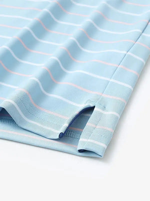 Hem detail of trendy boys stripe polo shirts, fine finish with subtle misty blue stripe touch