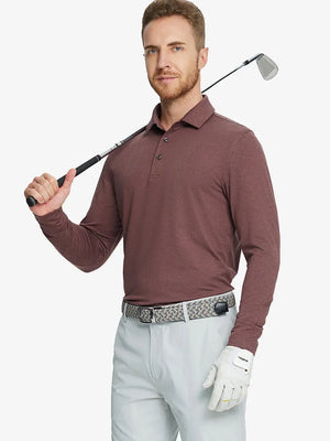 Model wearing Brick Heather Skin-friendly Long Sleeve Melange Polo – front half-body holding golf club