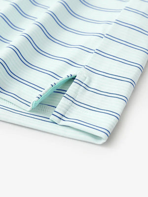 Close-up of side hem slit on Light Blue Cobalt Stripe Performance Stripe Golf Shirt