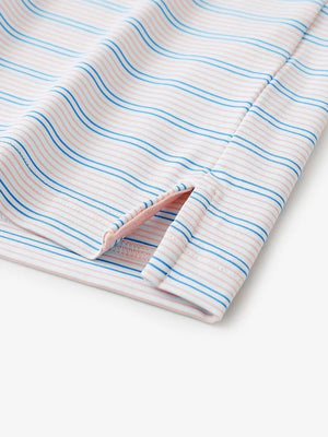Close-up of side hem slit on Pink Blue Stripe Performance Stripe Golf Shirt