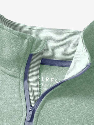 Detail shot of collar opening of beryl green melange moisture wicking quarter zip pullover