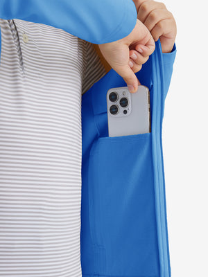 Close-up of the front side pocket detail on kids soft lightweight fleece lined jacket in sky blue, showing quality stitching.