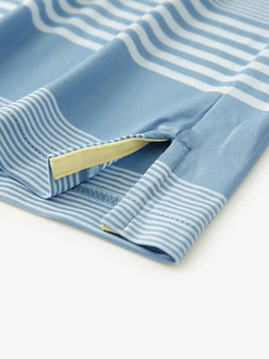Hem slit detail of BLUE WHITE STRIPE Performance Yarn Dye Striped Polo highlighting stitching and finish