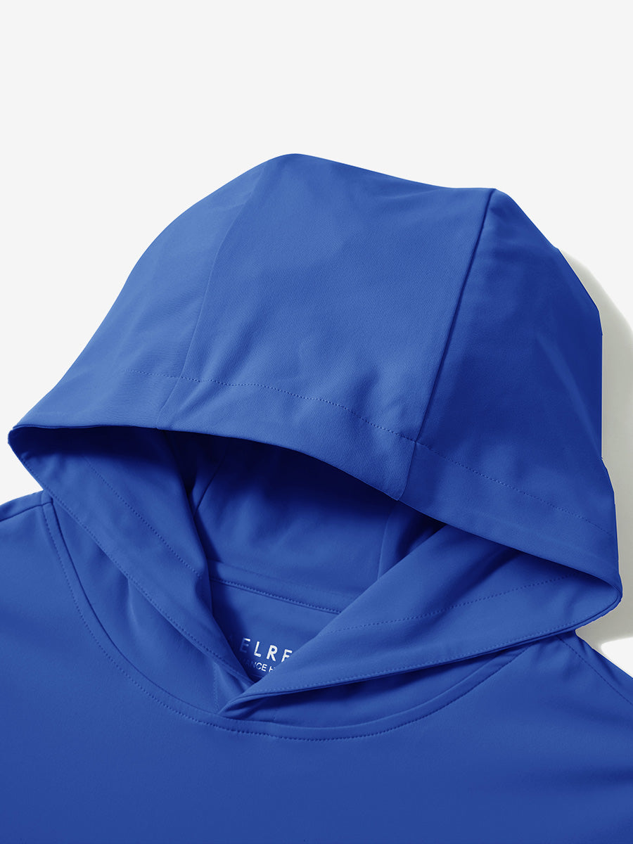 Hood detail of the klein blue dry fit stretchy sweatshirts hoodie, showing smooth fabric and neat seams.