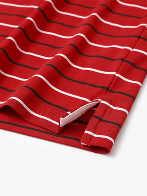 Hem detail of trendy boys stripe polo shirts, fine finish with subtle dark grey stripe touch