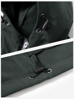 Close-up of zipper and button details on reflective hooded softshell jacket in grey.