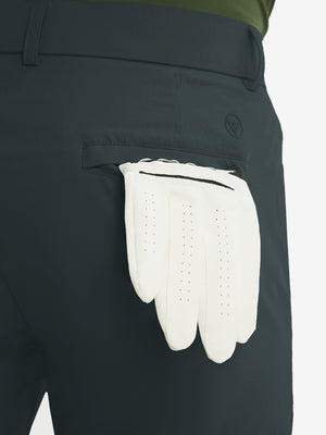 Close-up of the back pocket detail on the iron grey stretch soft flat front dress golf shorts, emphasizing storage