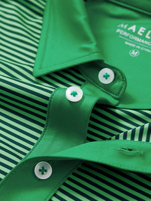 Detail: collar opening of green stripe upgraded two-tone striped quick dry polo shirt
