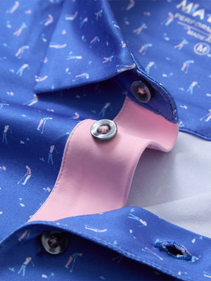 Detail shot of the collar on the blue golf swing 4 way stretch print collared polo shirt, emphasizing the classic neckline design