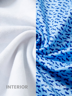 Close-up of the inner and outer fabric of youth full print stylish hoodies pullover in bluejay navy dogs, showing texture and finish