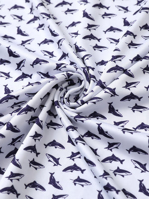 Fabric detail of Stylish print boys polo shirts with soft feel and white purple shark pattern