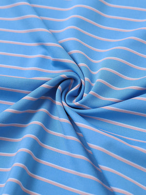 Close-up of sky blue/pink popular yarn dyed stripe polo fabric showing crisp lines and soft texture.