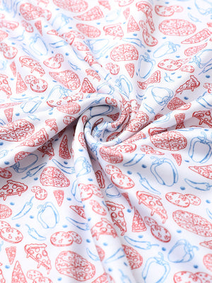 Close-up of white pizza performance print boys golf polo fabric showing moisture-wicking texture and vibrant pattern.