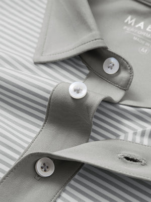 Detail: collar opening of grey white stripe upgraded two-tone striped quick dry polo shirt