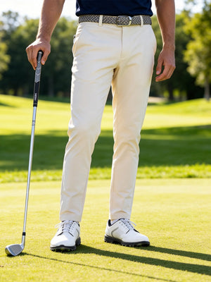 Outdoor shot of a model's lower body holding a golf club, wearing the beige water resistant everyday pants with a relaxed fit