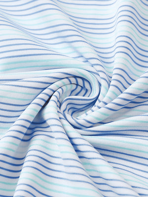 Close-up fabric detail of performance stripe golf shirts, breathable texture with soft bluish violet light blue finish