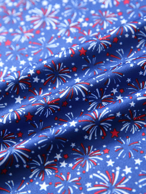 Close-up fabric detail of performance quick dry print golf polos, breathable texture with navy patriotic firework pattern