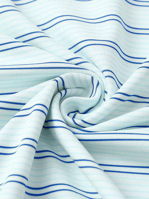 Close-up fabric detail of performance stripe golf shirts, breathable texture with soft light blue cobalt stripe finish