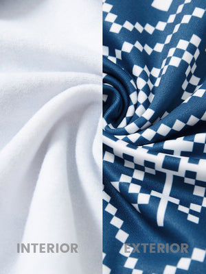 Fabric close-up of trendy print fleece hoodies, plush texture with warm dark blue snowflake feel