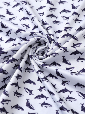Fabric close-up of Everyday performance print polo with lightweight texture in white purple shark