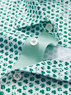 Detail shot of the collar on the green lucky clover 4 way stretch print collared polo shirt, emphasizing the classic neckline design
