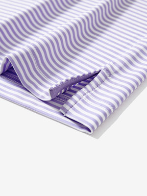 Detail: hem slit of lavenderwhite stripe upgraded two-tone striped quick dry polo shirt