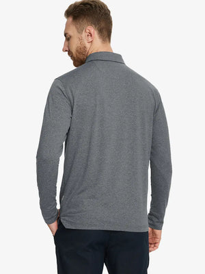 Black Grey Heather Skin-friendly Long Sleeve Melange Polo – back half-body view on model