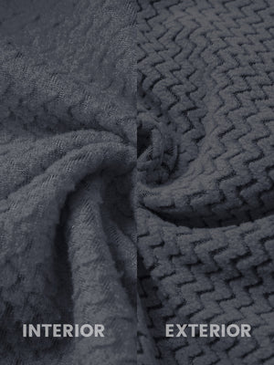 Close-up of the inner and outer fabric of full zip fleece hoodied jacket in grey, showing exture and finish