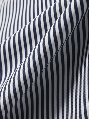 Close-up of navy stripe upgraded two-tone striped quick dry polo shirt, showcasing texture and print details.